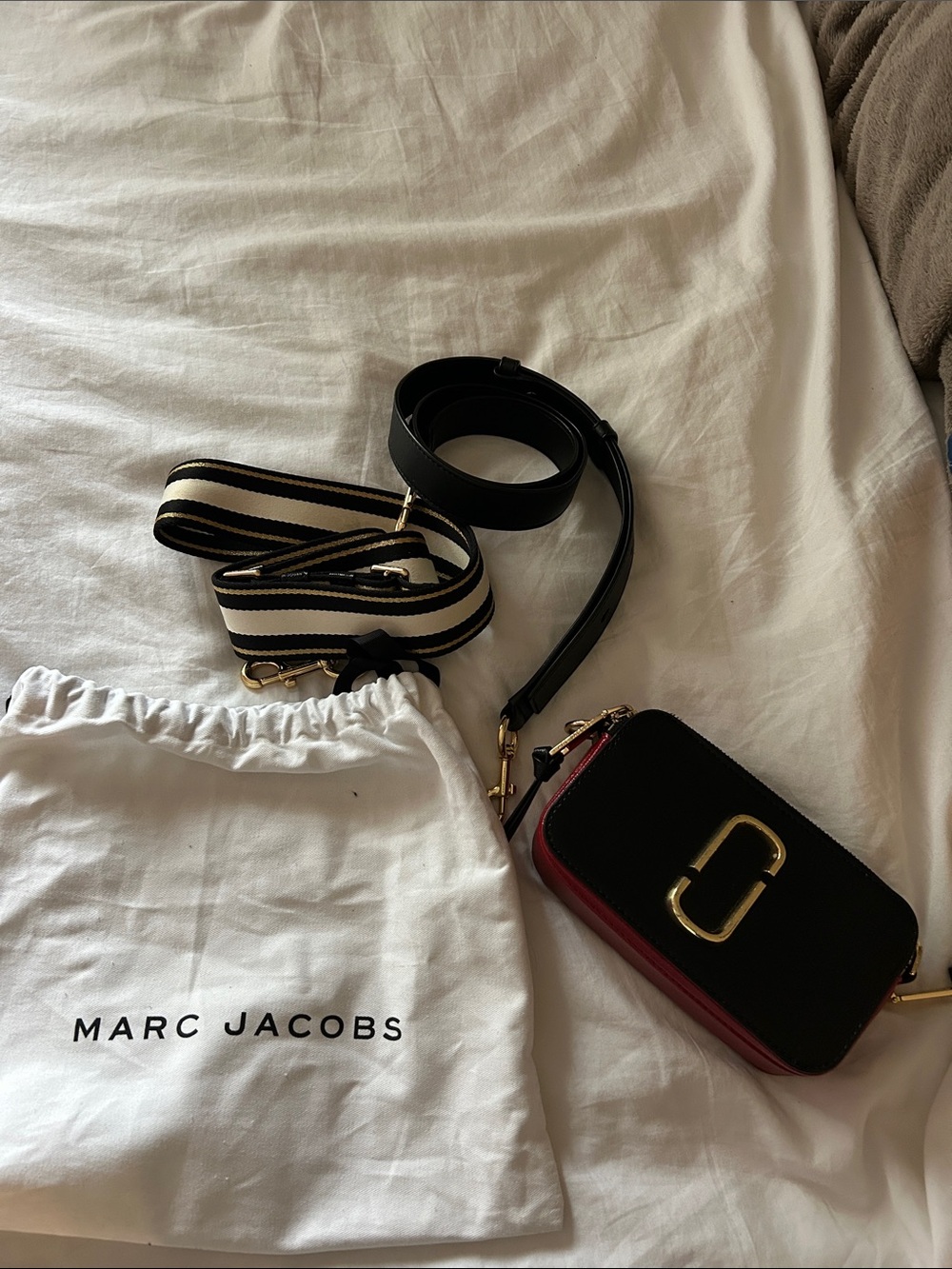 Marc Jacobs Black and Red Compact Crossbody Camera Bag with Gold Double-J